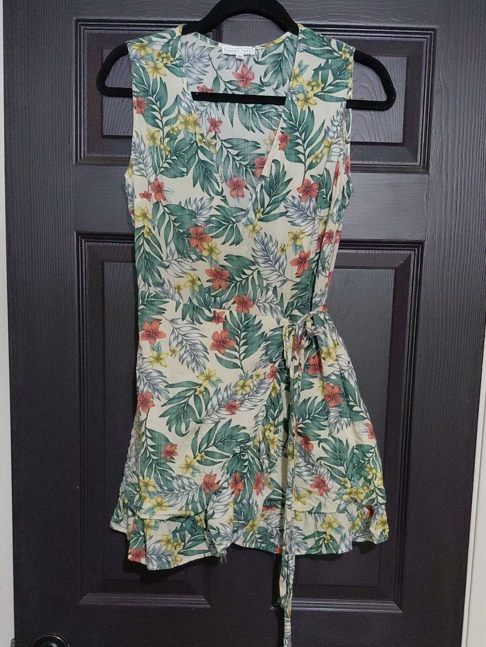emory park Floral Wrap Mini Dress in Cream, Green & Red
